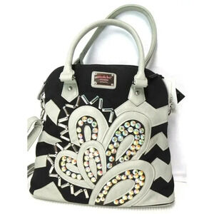 Nicole Lee USA Satchel Rhinestone Bucket Handbag Black Cream Floral Premium NEW